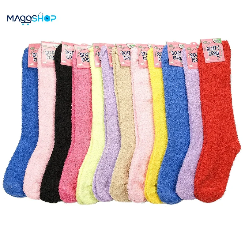 6 or 12 Pairs of Long Assorted Solid Color Thick & Cozy Fuzzy Slipper (Socks Size 9-11)