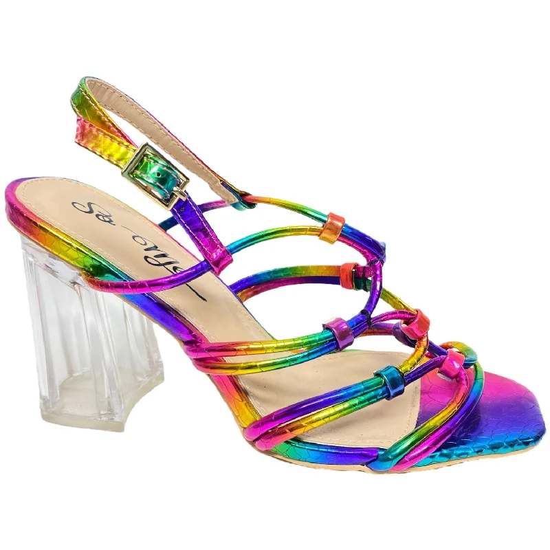 Sandals Heels Block By So Me In Rainbow Print, Size: 7.5