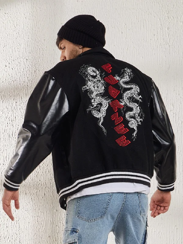 Black Dragon Embroidery Varsity Jacket