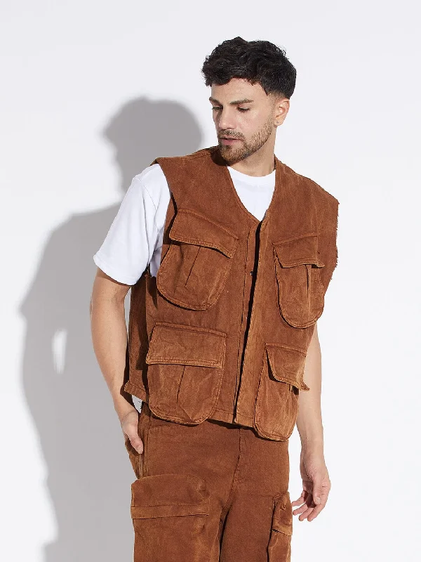 Brown Wash Denim Utility Sleeveless Jacket