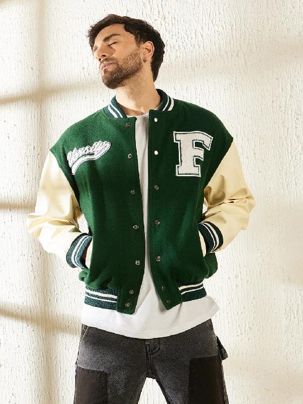 Green Woollen Faux Leather Sleeves Letterman Varsity Jacket