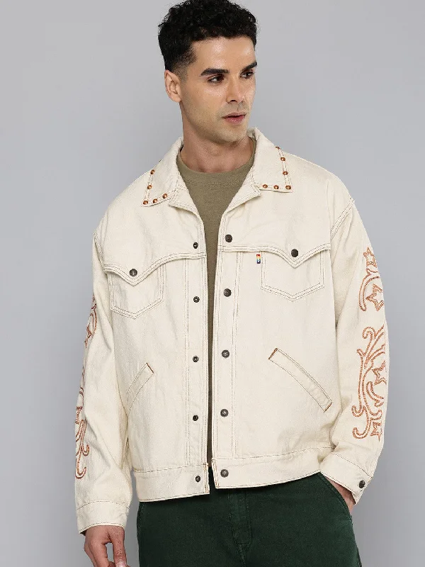 Men's Cotton Typography Embroidered Denim Jacket