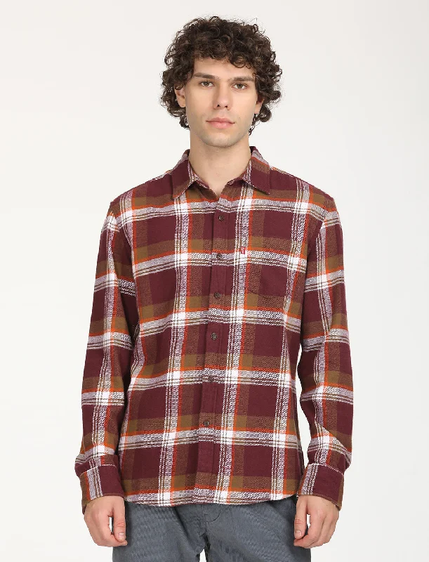 Men's Plaid Maroon Spread Collar Shacket