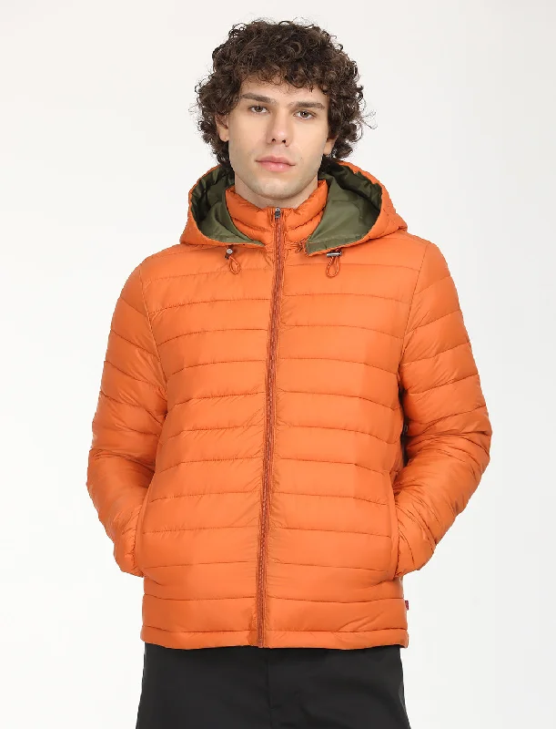 Men's Quilted Orange Hooded Puffer Jacket