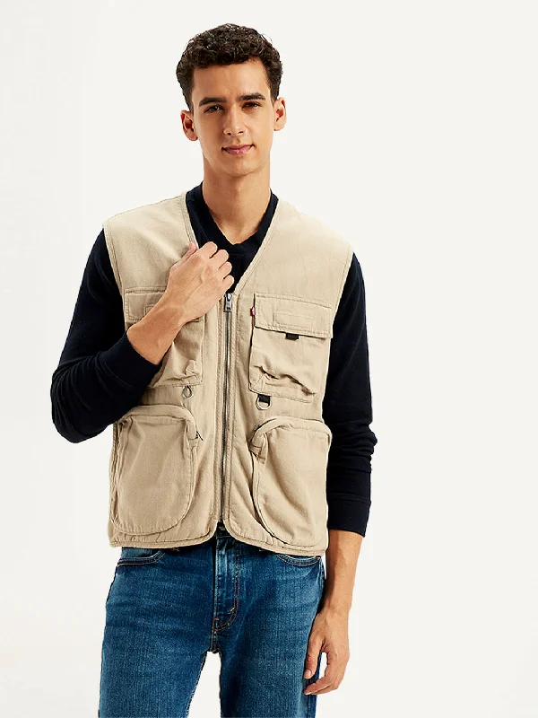 Men's Solid Beige V Neck Jacket