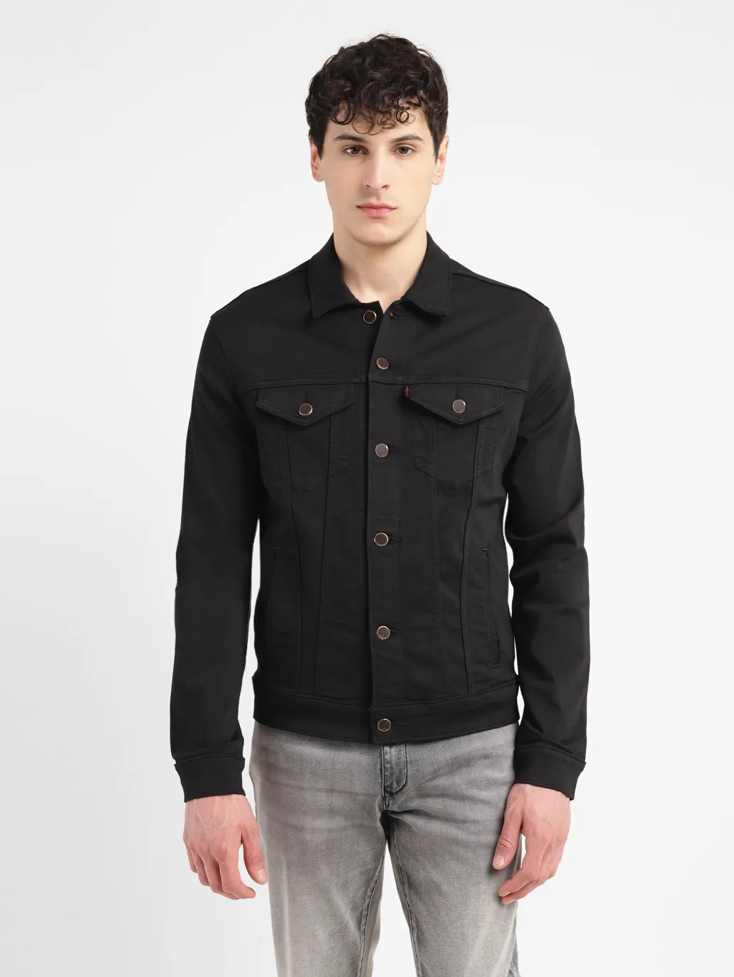 Men's Solid Black Spread Collar Trucker Jacket