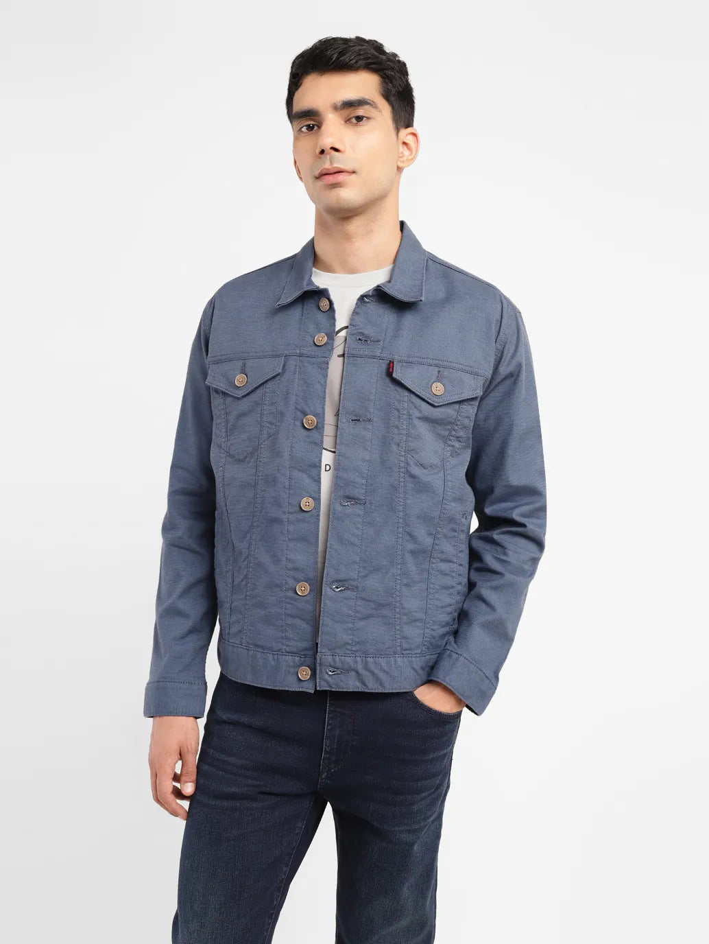 Men's Solid Grey Spread Collar Trucker Jacket