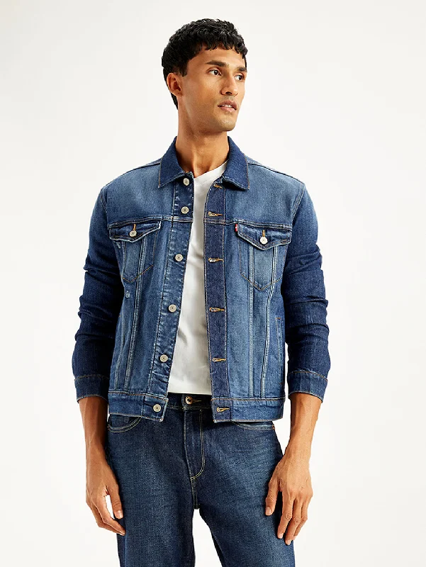 Men's Solid Navy Spread Collar Trucker Jacket