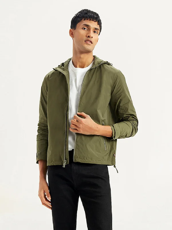 Men's Solid Olive Hooded Tailored Jacket