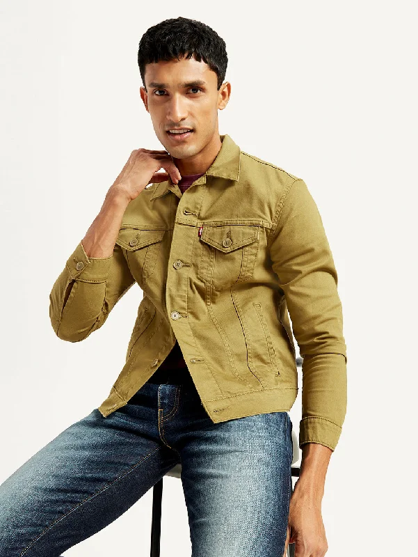 Men's Solid Tan Spread Collar Trucker Jacket