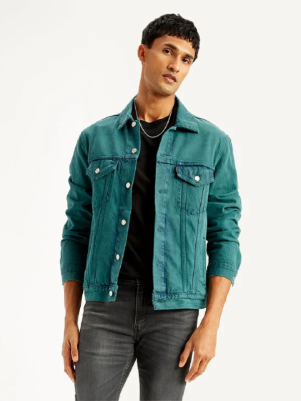 Men's Solid Teal Spread Collar Trucker Jacket