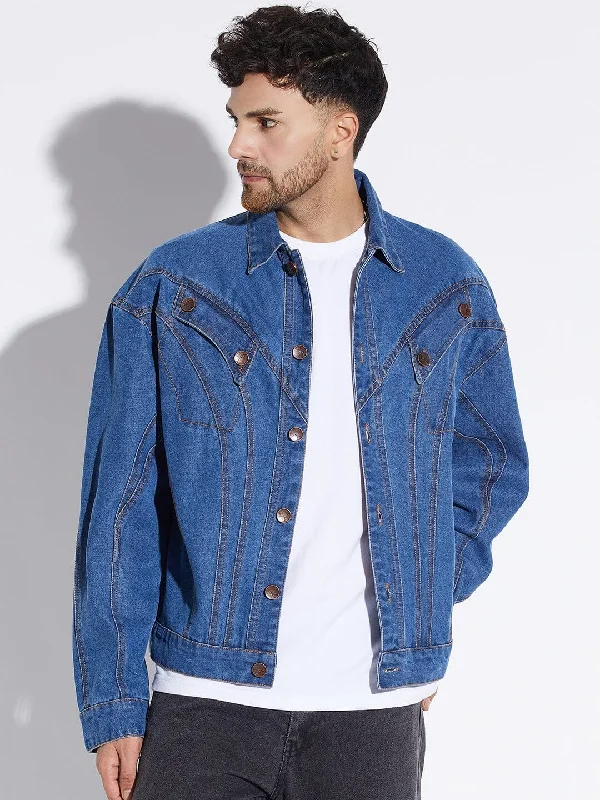 Mid Wash Wavy Panelled Oversized Denim Jacket