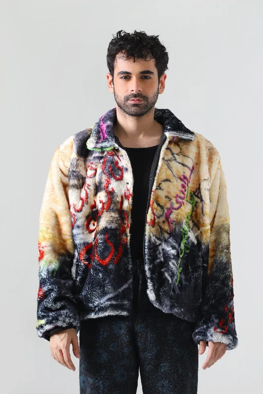 "FAMILY FIRST" PRINTED FAUX FUR JACKET