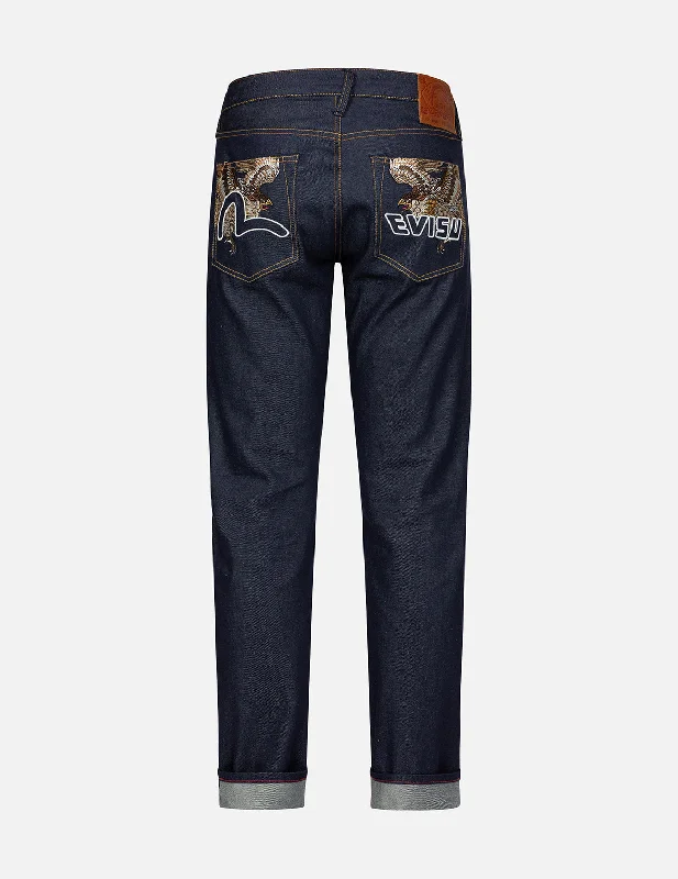 Brocade Kamon and Seagull Embroidery Slim-Fit Jeans #2010