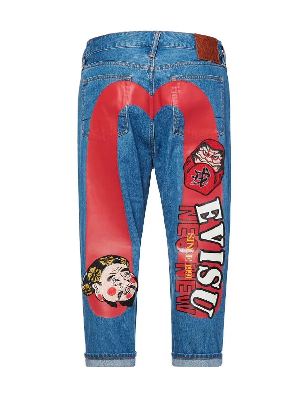 Daruma and Ebisu Embroidered Daicock Print 2027 Cropped-fit Denim Jeans