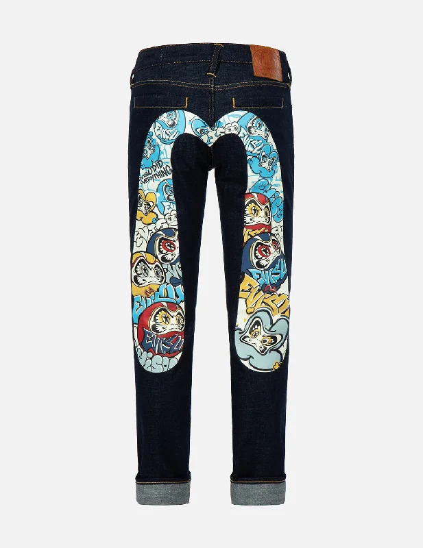 Graffiti Daruma-pattern Daicock Print Slim-Fit Jeans #2010