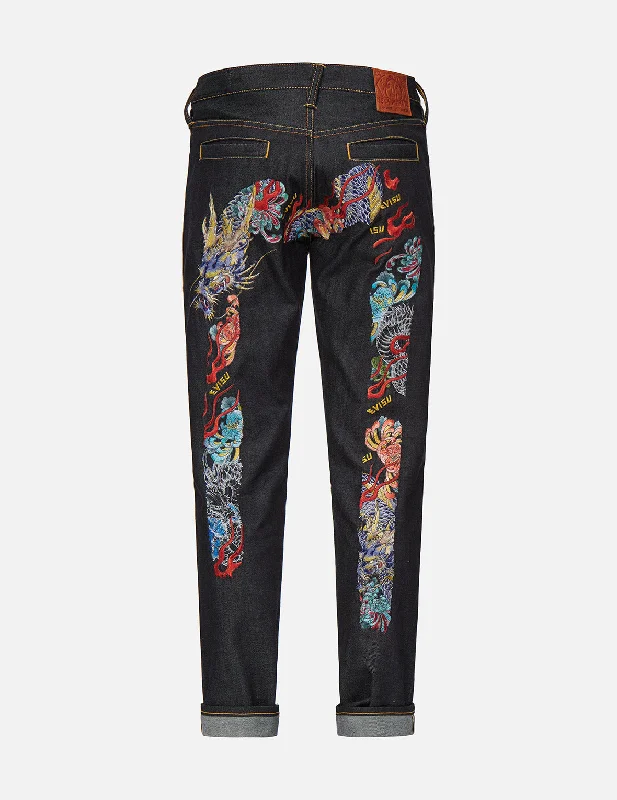 Multicolor Dragon Daicock Embroidered Carrot Fit Jeans #2017